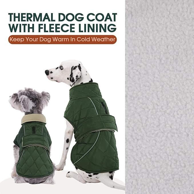 Kuoser Dog Coat, Super-Warm Dog Jacket Windproof Pet Cold Weather Coats for Extra Large Dogs, Fleece Lining Quilted Turtleneck Puppy Snowsuit Reflective Adjustable Doggie Winter Clothes, Green, 3XL