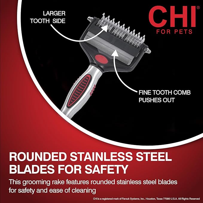 CHI for Dogs 2-in-1 Dematting and Deshedding Rake - Dual-Head Grooming Tool for Mats and Knots - Flip-Out Fine Rake for Smoothing Coats - Large Blade for Thick Fur - Dog Detangler Comb