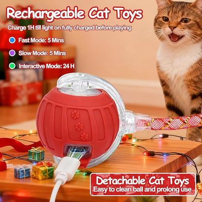 Interactive Cat Toy Ball - Christmas Cat Toys for Indoor Cats with Feather Tails for Chasing, Moving Stimulation Smart Cat Toy for Enrichment, Motion Activated Automatic Rolling Toys to Keep Them Busy