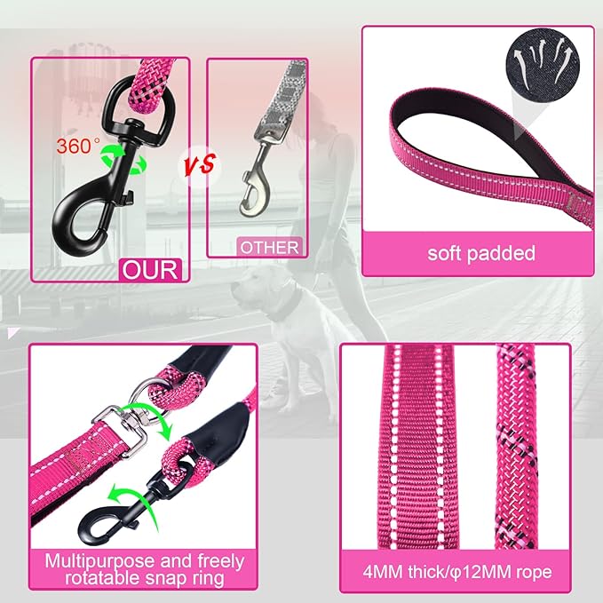 Dog Leash, 6 Foot Dog Leash, 2 Extra Padded Handles, Lockable Metal Carabiner Clip, Reflective No Pull Heavy Duty Rope Lead, Walking, Training, Running, Medium to Large Breeds（Pink）