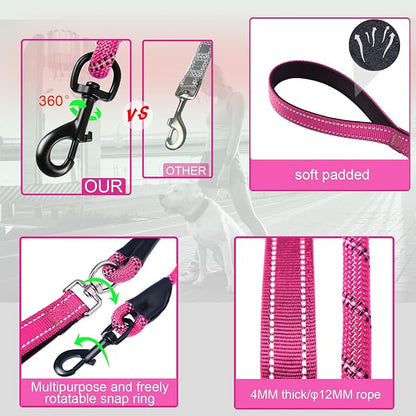 Dog Leash, 6 Foot Dog Leash, 2 Extra Padded Handles, Lockable Metal Carabiner Clip, Reflective No Pull Heavy Duty Rope Lead, Walking, Training, Running, Medium to Large Breeds（Pink）