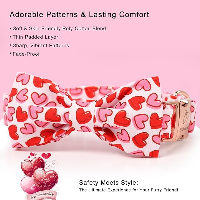 Valentines Dog Collar with Bow - Cute Red Pink Hearts Valentine Bowtie Dog Collars, Adjustable Metal Buckle Male Female Dogs Collar for Small Medium Large Dogs M