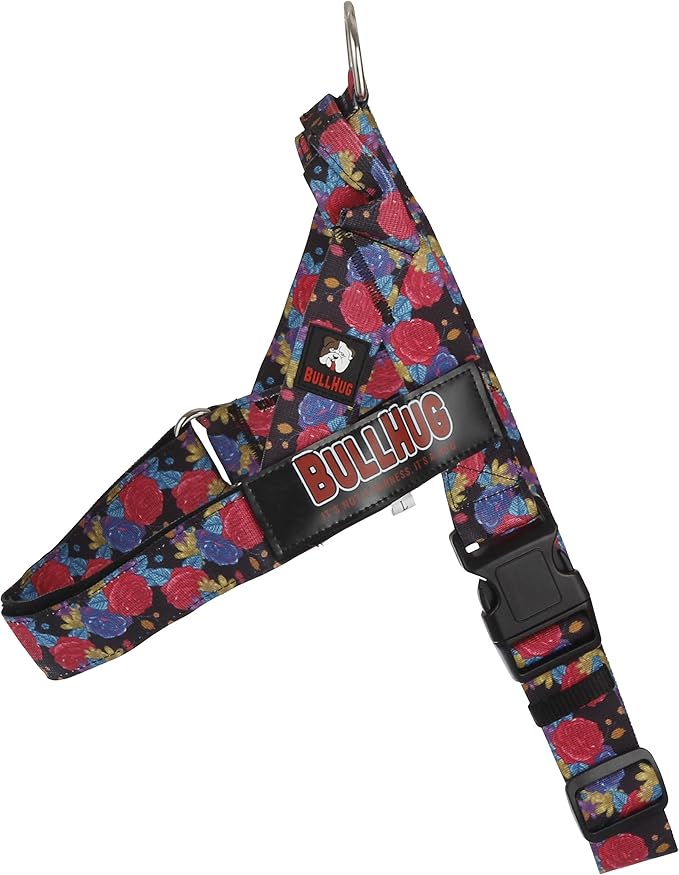 BULLHUG Adjustable Dog Harness– No Pull, No Choke – for English Bulldogs, French Bulldogs, Pugs & Broad-Chested Breeds – Easy, Safe Walks (Black Floral, Medium)