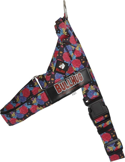 BULLHUG Adjustable Dog Harness– No Pull, No Choke – for English Bulldogs, French Bulldogs, Pugs & Broad-Chested Breeds – Easy, Safe Walks (Black Floral, Medium)