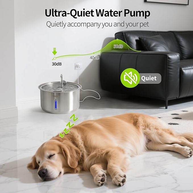 Petsamuse Dog Water Fountain, 11L/2.8Gal Quiet Dog Fountain Water Bowl with Visible Window Stainless Steel Dog Water Fountain with 2 Spray Modes and 15 Fliters for Large Medium Small Dogs Pets