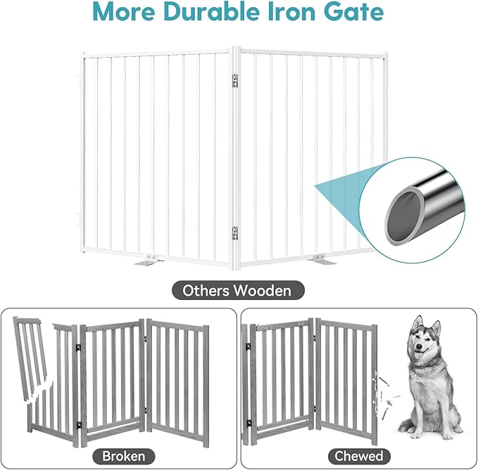 No Pawblems Free Standing Dog Gate with Door, 30'' Tall Foldable Dog Fence for Indoor & Outdoor, Up to 208 Inch Extra Wide Puppy Gate for Stairs, Hallways, Doorways, Deck, Yard (White, 8 Panels)