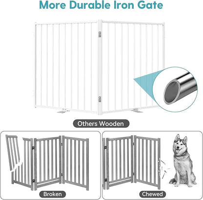 No Pawblems Free Standing Dog Gate with Door, 30'' Tall Foldable Dog Fence for Indoor & Outdoor, Up to 208 Inch Extra Wide Puppy Gate for Stairs, Hallways, Doorways, Deck, Yard (White, 8 Panels)