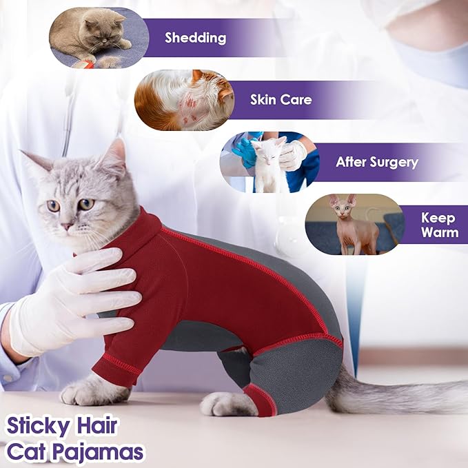 SUNFURA Hair Sticky Cat Clothes, Cat Sweater for Cats Only, 4-Legged Fleece Sweaters Kitten Pajamas Reduce Shedding Fur, Warm Pullover Shirts for Cats, Red S