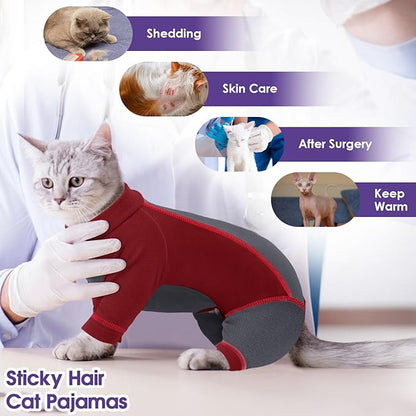 SUNFURA Hair Sticky Cat Clothes, Cat Sweater for Cats Only, 4-Legged Fleece Sweaters Kitten Pajamas Reduce Shedding Fur, Warm Pullover Shirts for Cats, Red S