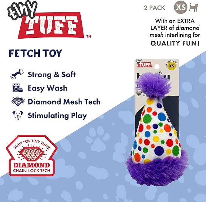 Huxley & Kent Funny Dog Toy w/Squeaker – Power Plush Squeaky Dog Toys for Small Dogs – Durable Small Stuffed Animal for Indoor Play & Fetch - Tiny Tuff Polka Dot Party Hat
