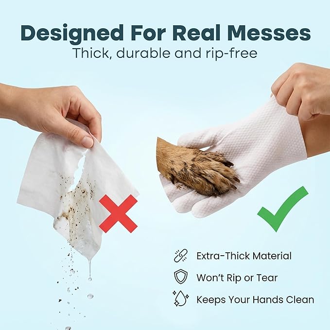 Uproot QuickClean Gloves Pro: Extra-Thick Pet Glove Wipes for Dogs & Cats - Easy Wipe Paws, Eyes, Ears, Butt, & Body - Lick-Safe for Cats & Dogs - Cleaning, Deodorizing & Grooming (20 Pack)