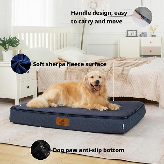 LIORCE Orthopedic Memory Foam XXL Dog Bed - 6" Thick Beds for Extra Large Sized Dog - Waterproof Removable Washable Cover & Wrap-Around Zipper - Ultimate Comfort & Easy Maintenance, Navy