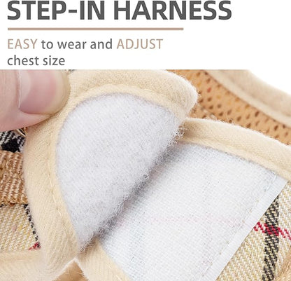 PUPTECK Soft Mesh Dog Harness and Leash Set Step-in Plaid Puppy Padded No Pull Vest Harness for XS Small Medium Sized Dogs Cats Outdoor Walking, Beige S