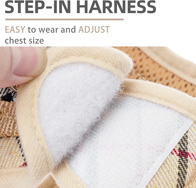 PUPTECK Soft Mesh Dog Harness Small Sized and Leash Set Step-in Plaid Puppy Padded No Pull Vest Harness for XS Dogs Cats Outdoor Walking, Beige M