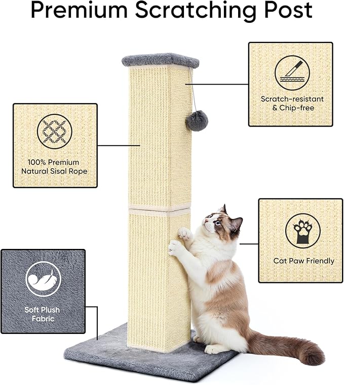 YULOYI 32" Tall Cat Scratching Post for Large Indoor Cats & Kittens, Cat Scratcher with Extra Large Stable Base and Natural Sisal, Sturdy Cat Scratch Post to Protect Furniture & Couch, Grey