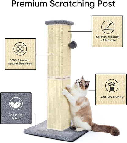 YULOYI 32" Tall Cat Scratching Post for Large Indoor Cats & Kittens, Cat Scratcher with Extra Large Stable Base and Natural Sisal, Sturdy Cat Scratch Post to Protect Furniture & Couch, Grey