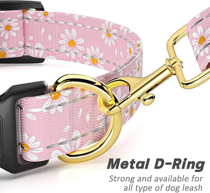 Reflective Dog Collar for Extra Small Dogs, Cute Daisy Theme Adjustable Heavy-Duty Nylon Puppy Collar for Boy and Girl Female, Soft Pet Accessories with Quick Release Buckle, Neck 8-12", Pink