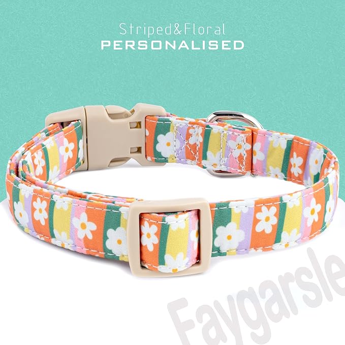 Faygarsle Colorful Floral Dog Collar, Cotton Fabric with Daisy Pattern, Multi-Color Stripes Spring Summer Design for Small Medium Large Dogs M