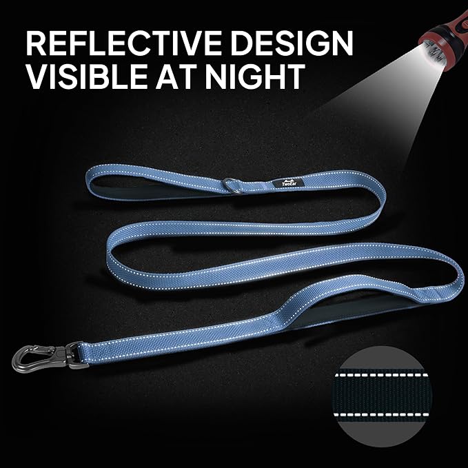 TwoEar 6FT 1IN Strong Dark Blue Dog Leash with 2 Padded Handles, Traffic Handle Extra Control, Comfortable Soft Dual Handle, Auto Lock Hook, Reflective Walking Lead for Small Medium and Large Dogs