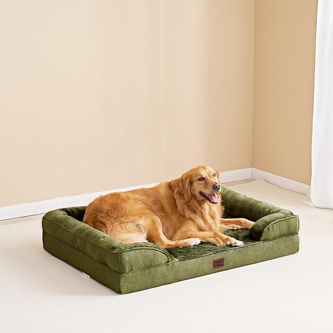 EHEYCIGA Orthopedic Dog Beds for Large Dogs, Waterproof Memory Foam Large Dog Bed with Sides, Non-Slip Bottom and Egg-Crate Foam Pet Couch Bed with Washable Removable Cover, Olive Green