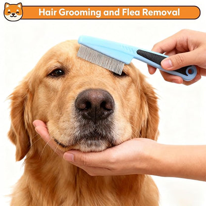 PWOD Dog & Cat Brush Kit 2PCS, Self Cleaning Slicker Brush for Pets, Upgraded Dog Brush for Shedding Massaging and Grooming, Removes Loose Undercoat & Portable Comb for Long Short Haired Dogs(Blue)