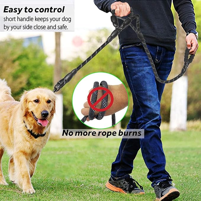 JSXD Heavy Duty Double Handle Dog Leash - 5 FT, Padded & Reflective, Rope for Small to Large Dogs (Black)