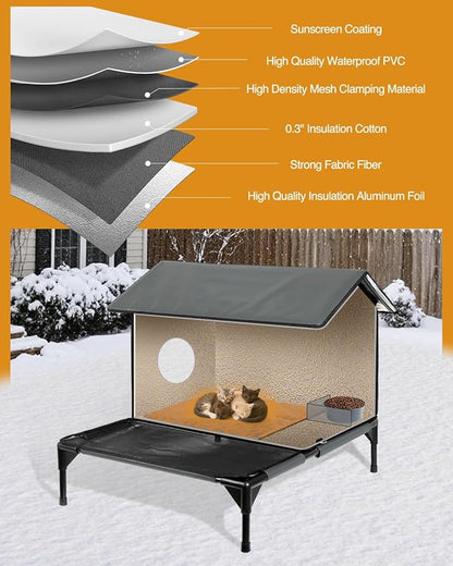 Heated Cat House for Outside,More Platform Space,Extremely Weatherproof & Insulated in Winter,Elevated Outdoor Cat Shelter with Eaves & Escape Door for Barn Feral Stray Cat(Dark Grey,Large)