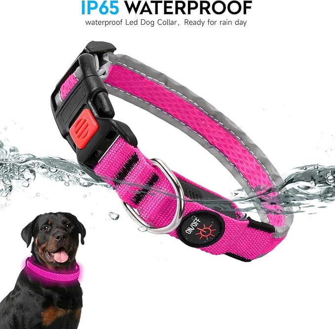 LED Dog Collar, Light Up Dog Collar USB Rechargeable, Nylon Adjustable Comfortable Soft Bright RGB 7 Colors Changeing Safety Light Glowing Collar for Medium and Large Dogs(Large,Pink)