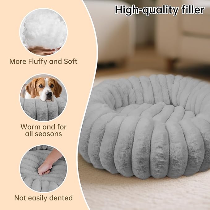 Vhen When Donut Dog and Cat Bed, Luxurious Comfortable Faux Rabbit Fur Pet Beds, Soft Anti-Anxiety Calming Puppy Kitten Bed with Anti-Slip Bottom for Small Medium Dogs & Cats(20", Grey)