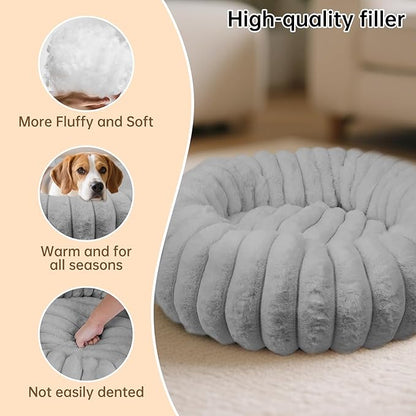 Vhen When Donut Dog and Cat Bed, Luxurious Comfortable Faux Rabbit Fur Pet Beds, Soft Anti-Anxiety Calming Puppy Kitten Bed with Anti-Slip Bottom for Small Medium Dogs & Cats(20", Grey)