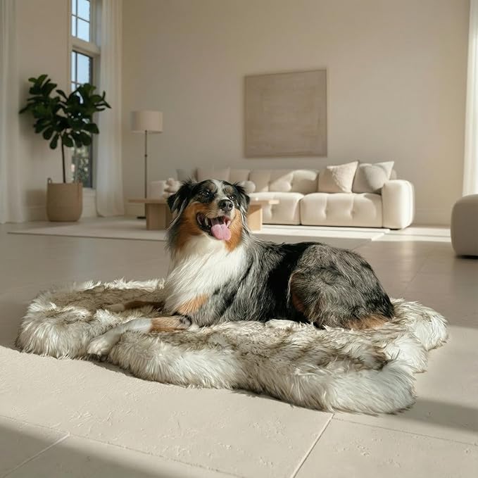IHAPPYDOG Luxury Faux Fur Orthopedic Dog Bed, Memory Foam Dog Bed for Small, Medium, Large and XL Pets, Fluffy Pet Bed with Waterproof and Washable Cover (White w/Brown Tips, 50"x30")