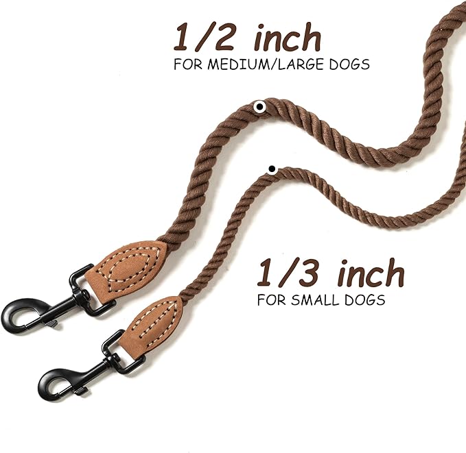 Mile High Life Dog Leash, Braided Cotton Rope Leashes with Leather Tip - Heavy Duty Metal Clasp, 5FT, 1/3" Thick - Wedding, Walking Leash for Small Medium Puppy(Dark Brown)