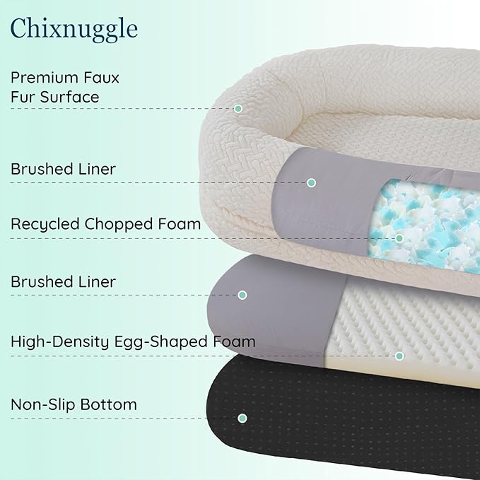 Human Dog Bed for Adult - Luxury Faux Fur Giant Size Dog Bed with Portable Handle, Egg Orthopedic Foam Bed with Blanket, 72"x40"x10", Ivory White