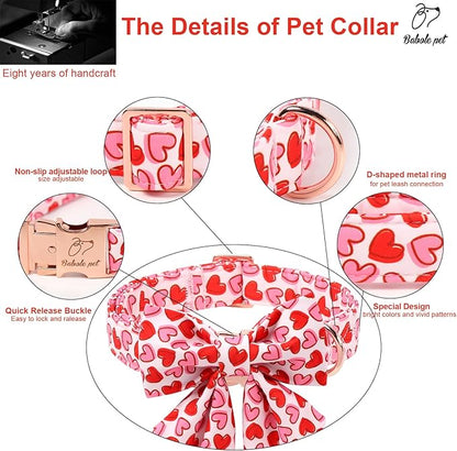 Valentines Dog Collar with Lady Bow - Cute Red Pink Hearts Valentine Sailor Bowtie Dog Collars, Adjustable Metal Buckle Male Female Dogs Collar for Small Medium Large Dogs L