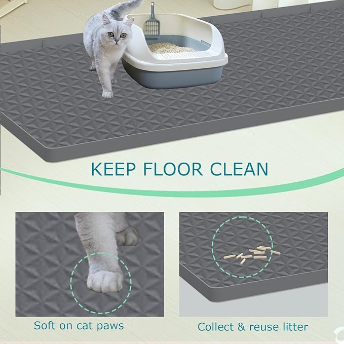 Jacooxi Cat Litter Mat for Litter Box, Silicone Large Cat Litter Trapping Mat - 51.2x25.6 in, Waterproof & Non-Slip, Durable & Easy Clean, Gray
