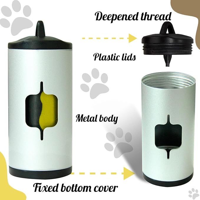 Metal Dog Poop Bag Holder w/Leash Clip|Durable Scratch-Resistant Aluminum|15 Bags+3 Accessories(Silver)