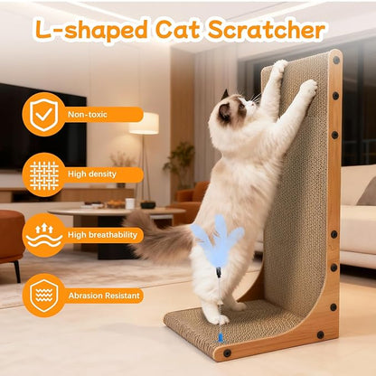 Goosheep Cat Scratching Post, 3-in1 Scratching Board for Indoor Cats, 2PK 22in L-Shaped Cat Scratcher with 1PK Cardboard Box Scratch Pad, Cats Scratch Furniture Protector with Feathered Toy