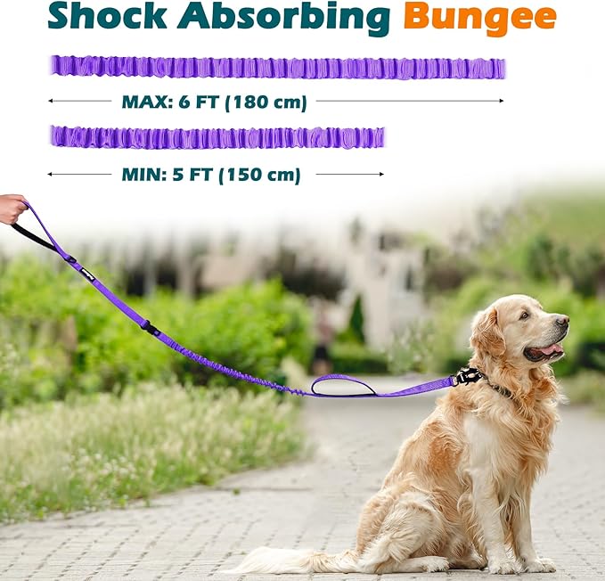 PetBonus Heavy Duty Tactical Dog Leash, 5 FT Bungee Shock Absorption Leash with 2 Padded Handles, Quick Release Metal Clip, Car Seatbelt, No Pull Training Lead for Large Medium Dogs（Purple）