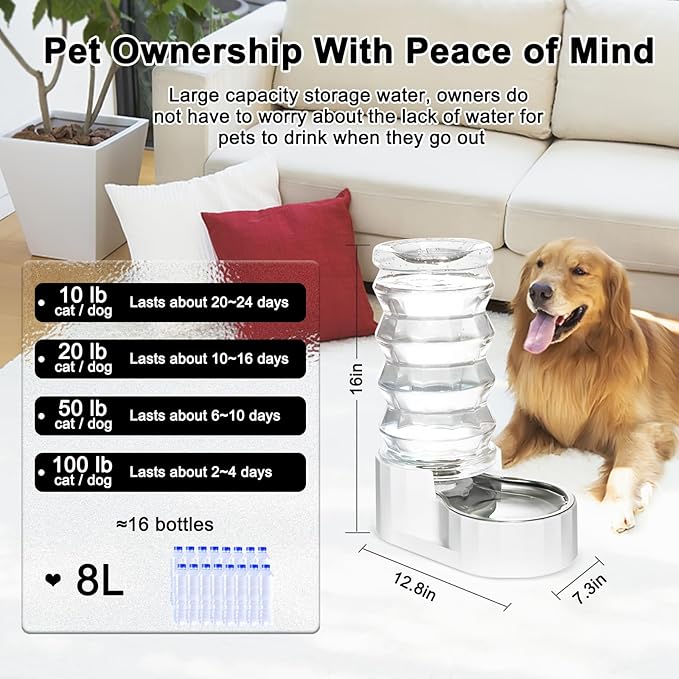 RIZZARI Large Gravity Water Dispenser: 8L Auto-Refill Stainless Steel Dog Water Feeder with Triple Filter - No Spill and BPA-Free - for Large or Active Dogs & Multi-Dog Households - Porch - Garden