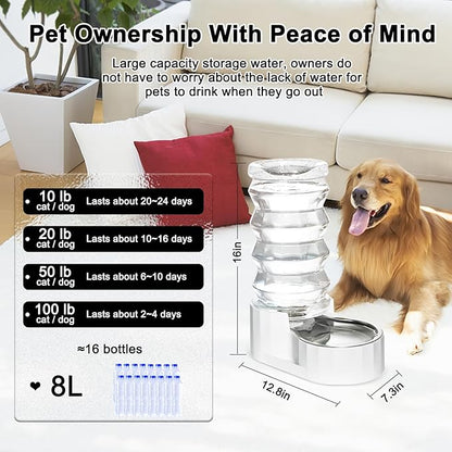 RIZZARI Large Gravity Water Dispenser: 8L Auto-Refill Stainless Steel Dog Water Feeder with Triple Filter - No Spill and BPA-Free - for Large or Active Dogs & Multi-Dog Households - Porch - Garden