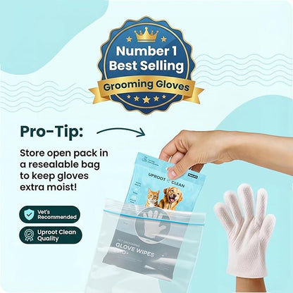 Uproot QuickClean Gloves Pro: 1 Month Supply - Extra-Thick Pet Glove Wipes for Dogs & Cats - Easy Wipe Paws, Eyes, Ears, Butt, & Body - Lick-Safe - Cleaning, Deodorizing & Grooming (6 Pack)