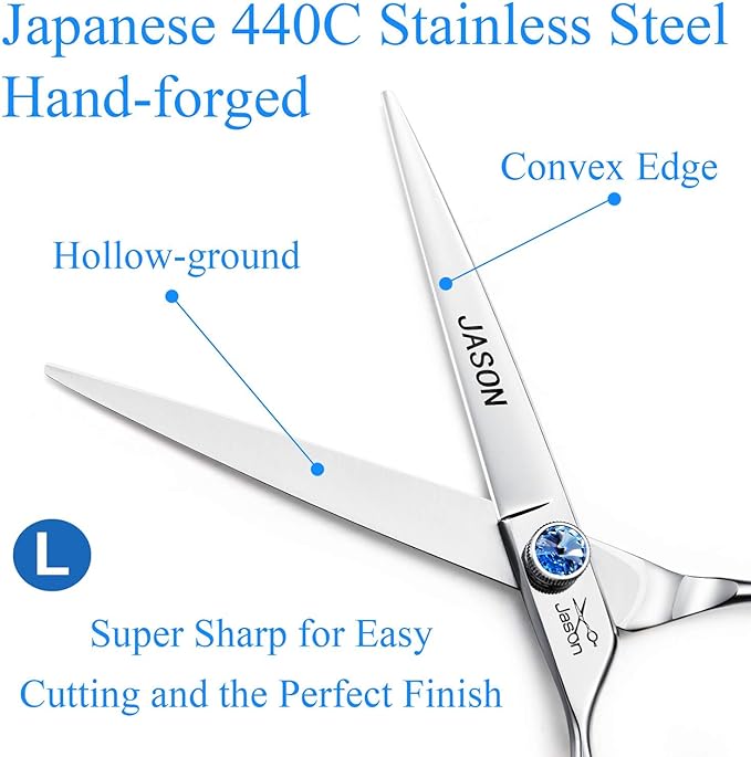 JASON Left Handed 7" Dog Grooming Scissors Set, 3 in 1 Ergonomic Blending, Curved, Straight Cat Pet Hair Trimming Thinning Professional Kits with Offset Handle and a Jeweled Screw Christmas Gift
