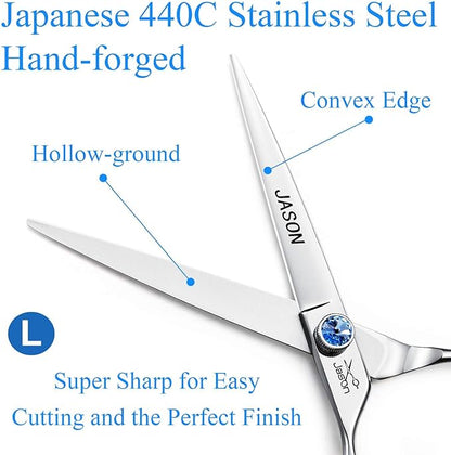 JASON Left Handed 7" Dog Grooming Scissors Set, 3 in 1 Ergonomic Blending, Curved, Straight Cat Pet Hair Trimming Thinning Professional Kits with Offset Handle and a Jeweled Screw Christmas Gift