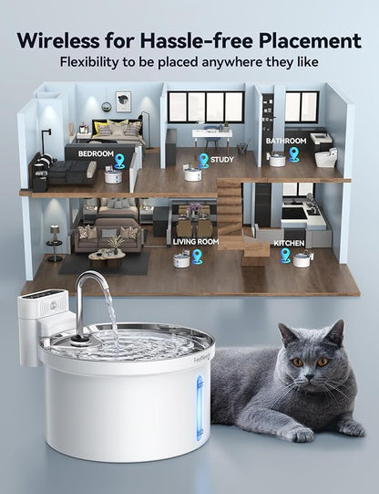 Wireless Cat Water Fountain with Sensor [Water & Battery Separation] FEELNEEDY Smart Pet Water Fountain, 3.5L/118oz 4000mAh Battery Operated Water Fountains for Cats Dogs + 6 Filters