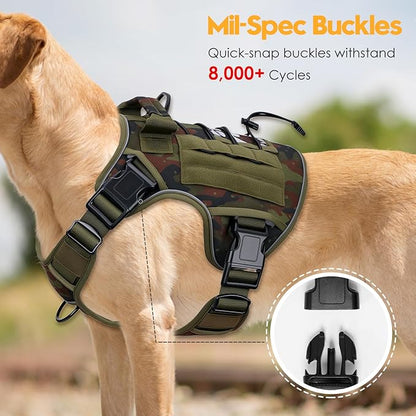 Heavy-Duty Tactical Dog Harness for Large Dogs, No Pull Adjustable Reflective Pet Vest with Molle System, K9 Military-Grade Control for Service Training, Outdoor & 10+ Breeds, Green Camo, XX-Large