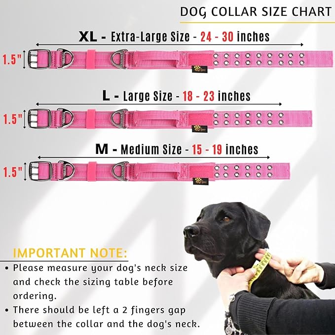 ADITYNA Heavy Duty Dog Collar for Medium Dogs - Reflective Pink Girl Collar with Handle for Training, and Walking - Wide, Thick, Tactical, Soft Neoprene Padded