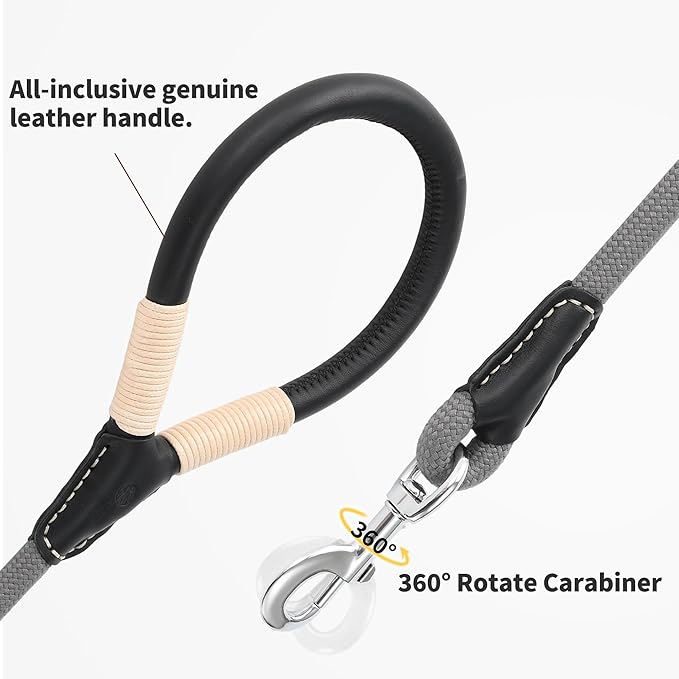 Mile High Life Genuine Leather Wrapped Handle Dog Leash, w Heavy Duty Clasp Rope Leash for Small Medium Large Dogs (Gray, 5FT)