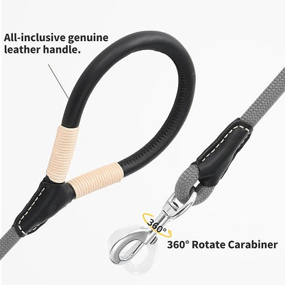 Mile High Life Genuine Leather Wrapped Handle Dog Leash, w Heavy Duty Clasp Rope Leash for Small Medium Large Dogs (Gray, 5FT)
