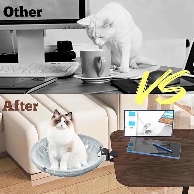 SAMAH Rotatable Cat Desk Bed, Suspended Luminous Cat Desk Hammock, Removable Faux Fur Fabric Supports Up to 30lbs, Suitable for Office Desk, Game Table, Gifts for Cats Pets