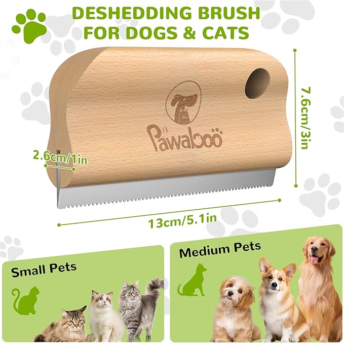 Pawaboo Deshedding Brush for Dogs & Cats, Dog Hair Removal Comb with Ergonomic Gripping, Wooden Grooming Shedding Brush for Short Hair Dogs and Cats, Hangable Pet Cleaning Comb Supplies, 5.1 Inch